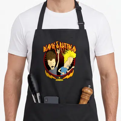 Tablier de cuisine noir avec Beavis and Butt-Head Metal Colors Rock Out et éclairs jaunes.
