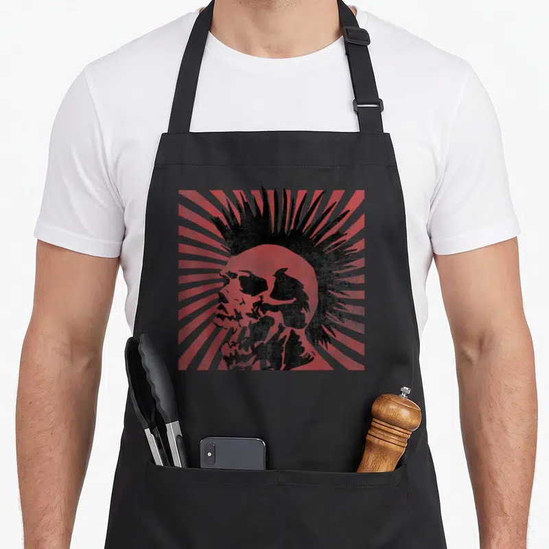 Tablier de cuisine noir avec illustration d'un crâne punker au mohawk sur fond de rayons rouges stylisés.