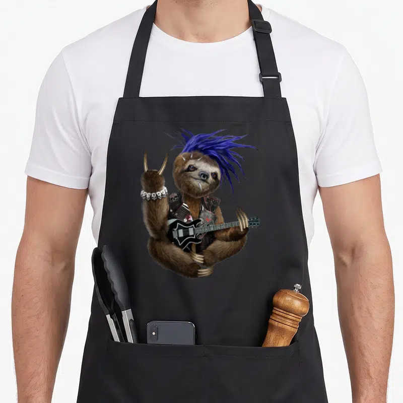 Tablier de cuisine noir avec un paresseux punk au mohawk bleu jouant de la guitare noire.