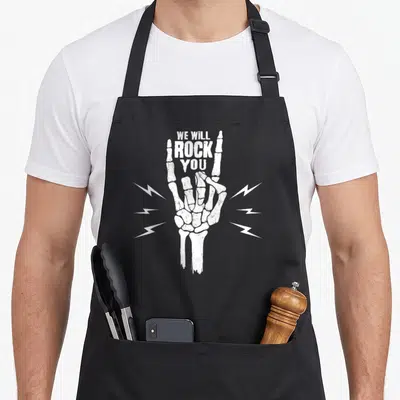 Tablier de cuisine noir avec une main squelettique blanche faisant le signe des cornes et les mots We Will Rock You.