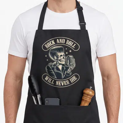 Tablier de cuisine noir avec illustration d'un crâne en pompadour tenant un microphone vintage et le texte Rock and Roll will never die.