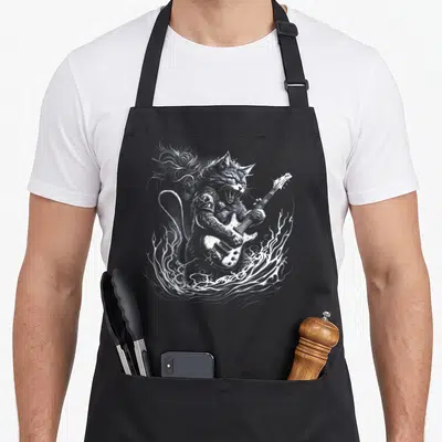 Tablier de cuisine noir avec illustration blanche d'un chat féroce jouant de la guitare électrique entouré de flammes stylisées.