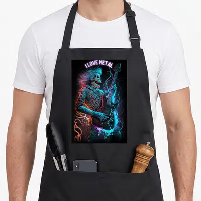Tablier de cuisine noir avec un squelette aux couleurs néon tenant une guitare électrique sous l'inscription I love Metal.
