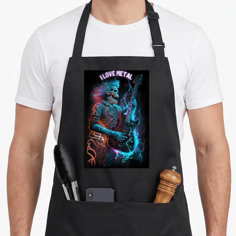 Tablier de cuisine noir avec un squelette aux couleurs néon tenant une guitare électrique sous l'inscription I love Metal.