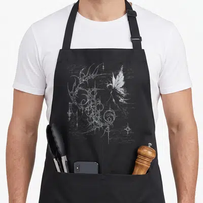 Tablier de cuisine noir avec symboles gothiques blancs, ailes de papillon et écriture manuscrite vintage sur fond texturé.