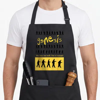 Tablier de cuisine noir avec le logo Genesis jaune et des silhouettes noires marchant en file.
