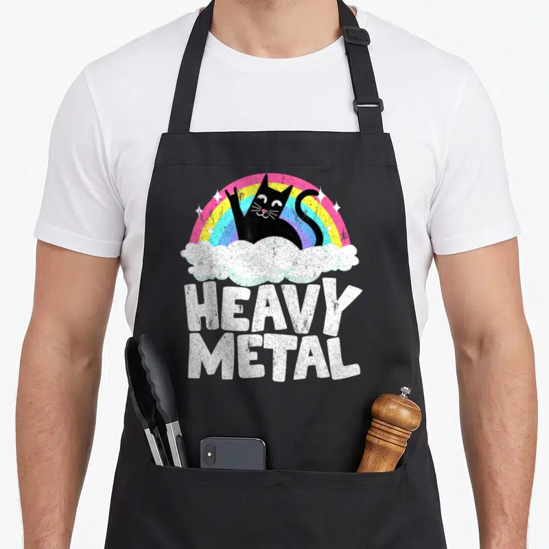 Tablier de cuisine noir avec illustration d'un chat noir sur un arc-en-ciel et le texte Heavy Metal en blanc.