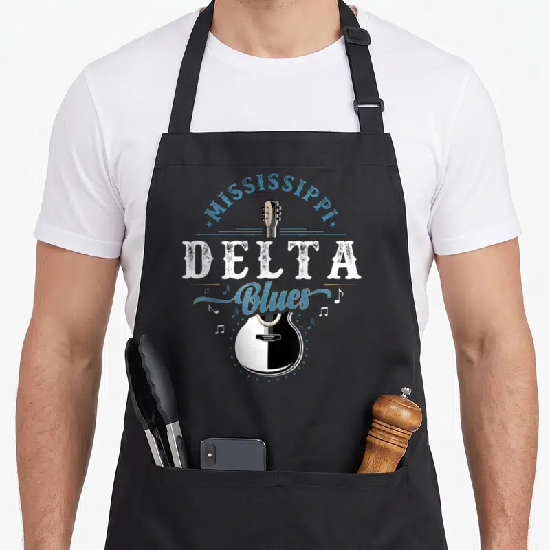 Tablier de cuisine noir avec illustration Mississippi Delta Blues et guitare acoustique bichrome.