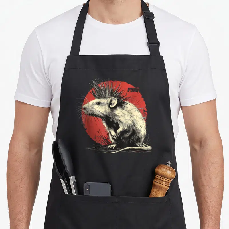 Tablier de cuisine noir avec illustration d'un rat punk au mohawk sur fond rouge circulaire.