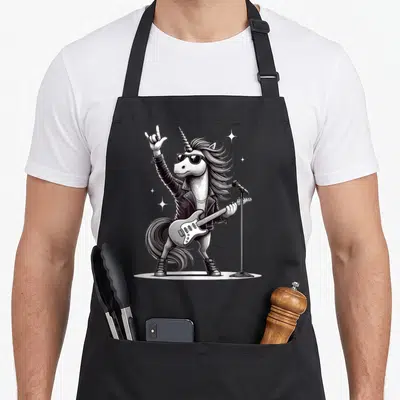 Tablier de cuisine noir avec illustration d'une licorne rocker portant des lunettes et tenant une guitare électrique.