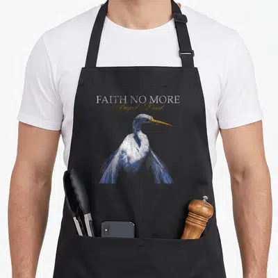 Tablier de cuisine noir avec une illustration d'aigrette bleue au bec jaune et le texte Faith No More Angel Dust en haut.