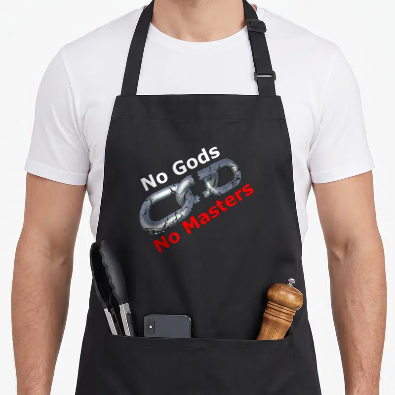 Tablier de cuisine noir avec chaîne métallique brisée et texte blanc rouge No Gods No Masters
