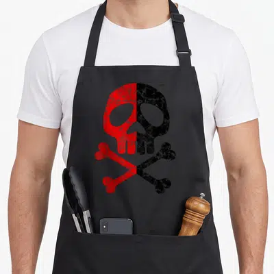 Tablier de cuisine noir avec un grand crâne rouge et noir croisé de deux os sur le devant.