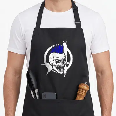 Tablier de cuisine noir avec crâne punk au mohair bleu et symbole d'anarchie blanc.