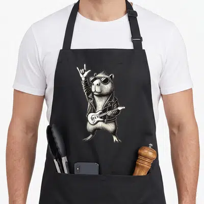 Tablier de cuisine noir avec illustration d'un capybara rocker portant des lunettes et tenant une guitare électrique.