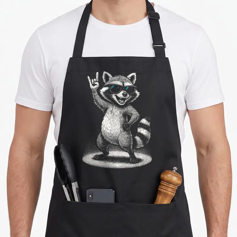 Tablier de cuisine noir avec illustration d'un raton laveur rocker portant des lunettes de soleil et levant la main en signe de metal.
