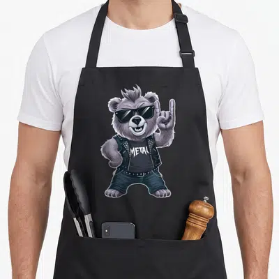 Tablier de cuisine noir avec illustration d'un ours brun rocker portant des lunettes noires et un gilet clouté.