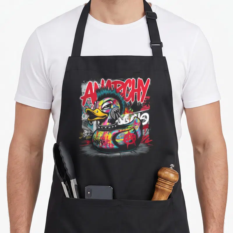 Tablier de cuisine noir avec un canard punk multicolore portant une raie et le mot Anarchy en rouge au-dessus.