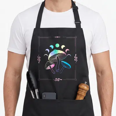 Tablier de cuisine noir avec illustration de champignons colorés, lunes et serpents roses dans un cadre géométrique.