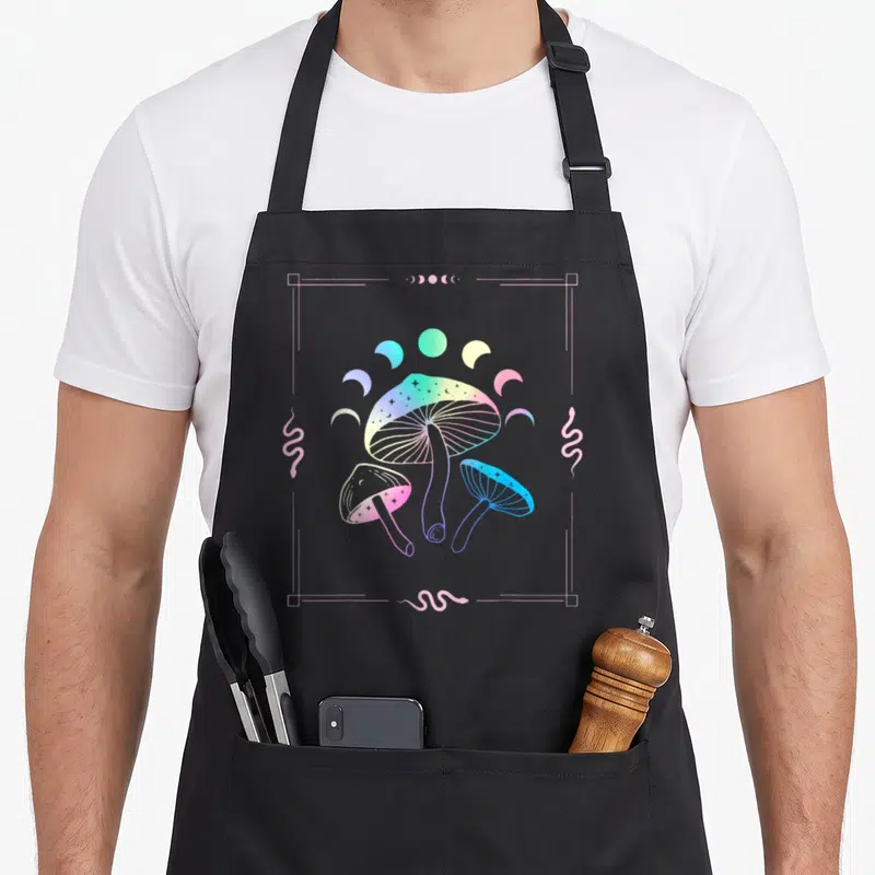 Tablier de cuisine noir avec illustration de champignons colorés, lunes et serpents roses dans un cadre géométrique.
