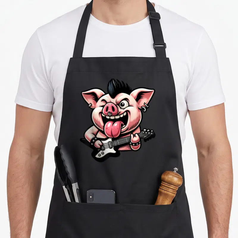 Tablier de cuisine noir avec illustration d'un cochon punk au mohawk jouant de la guitare électrique
