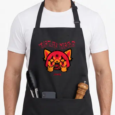 Tablier de cuisine noir avec un renard rouge stylisé Metal Head et des mains making the horn gesture.