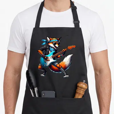 Tablier de cuisine noir avec renard rock star jouant d'une guitare électrique bleue et portant une veste en cuir.