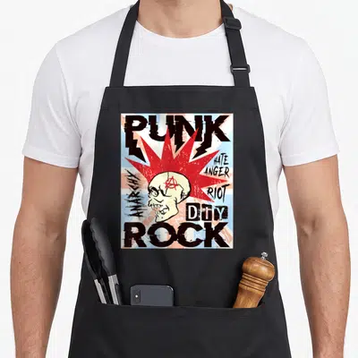 Tablier de cuisine noir avec illustration punk rock crâne et drapeau britannique vintage