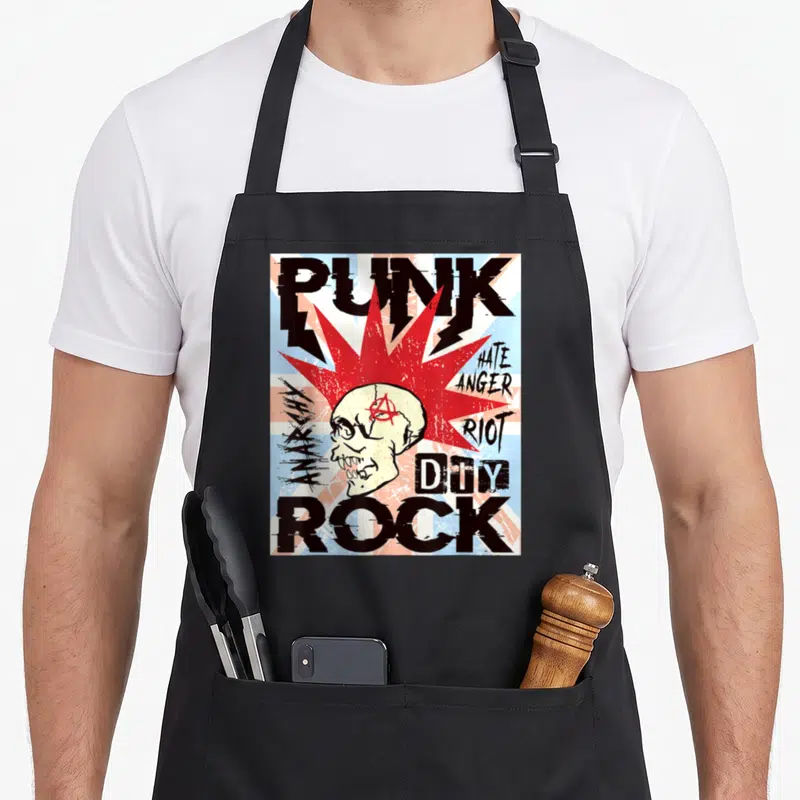 Tablier de cuisine noir avec illustration punk rock crâne et drapeau britannique vintage