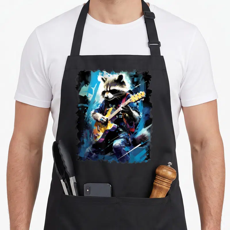 Tablier de cuisine noir avec illustration d'un racoon guitariste jouant d'une guitare électrique bleue et jaune.