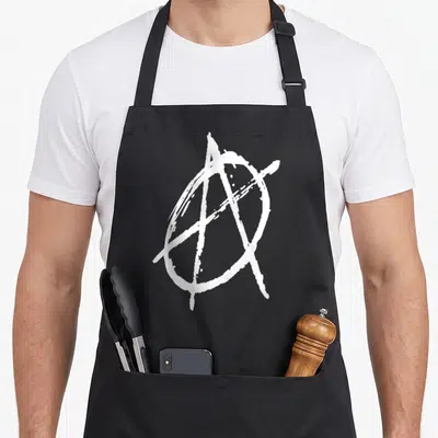 Tablier de cuisine noir avec un grand A entouré d'un cercle en style graffiti blanc au centre.