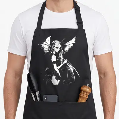 Tablier de cuisine noir avec une illustration blanche d'une fée gothique aux ailes de chauve-souris tenant des fleurs noires.