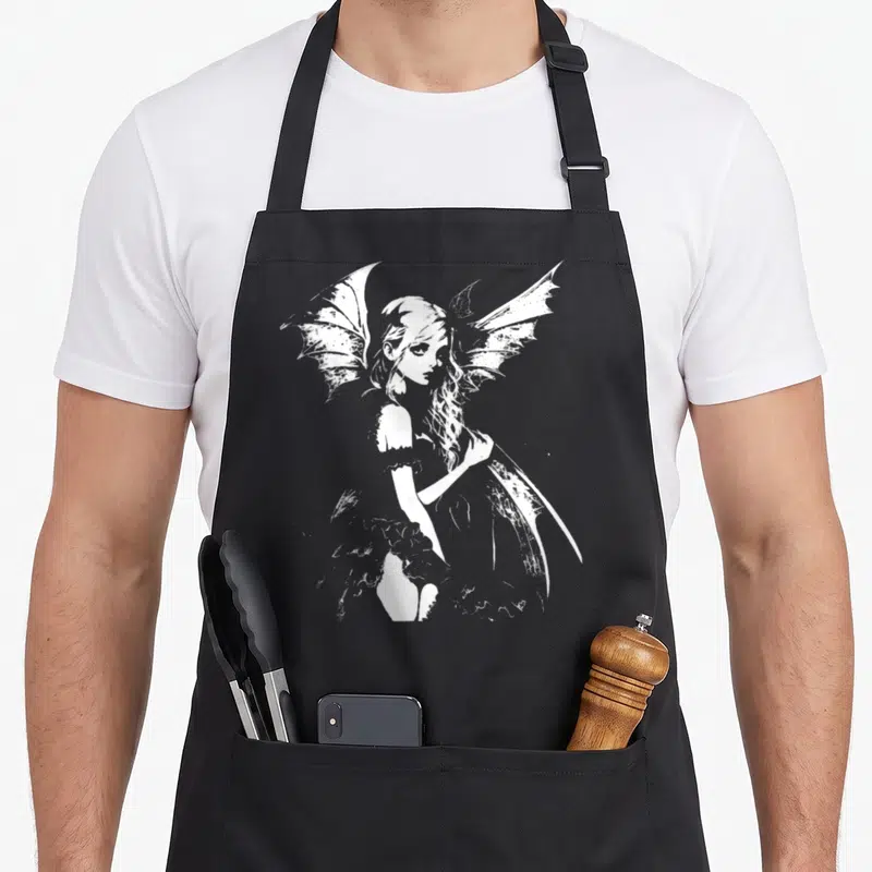 Tablier de cuisine noir avec une illustration blanche d'une fée gothique aux ailes de chauve-souris tenant des fleurs noires.