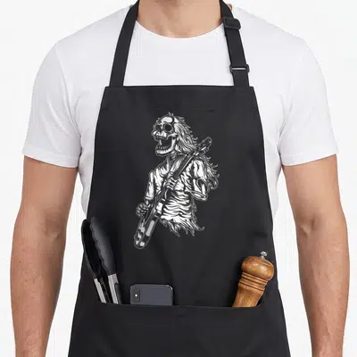 Tablier de cuisine noir avec illustration blanche d'un squelette guitariste au style vintage et cheveux longs.