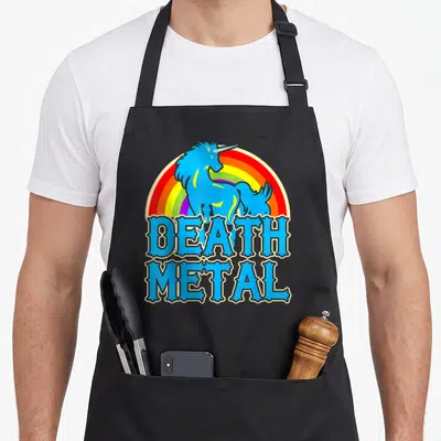 Tablier de cuisine noir avec une licorne bleue devant un arc-en-ciel et le texte Death Metal en lettres stylisées.