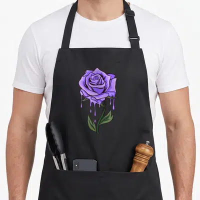 Tablier de cuisine noir avec une rose violette stylisée aux pétales qui semblent fondre et couler le long de la tige verte.