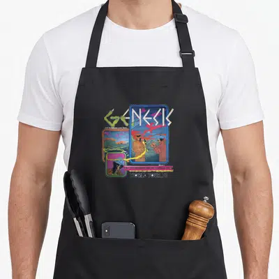 Tablier de cuisine noir avec illustration colorée du World Tour 78 de Genesis et ses personnages en manteaux.