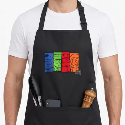 Tablier de cuisine noir avec Stan Kyle Eric Kenny en panels colorés style grunge South Park