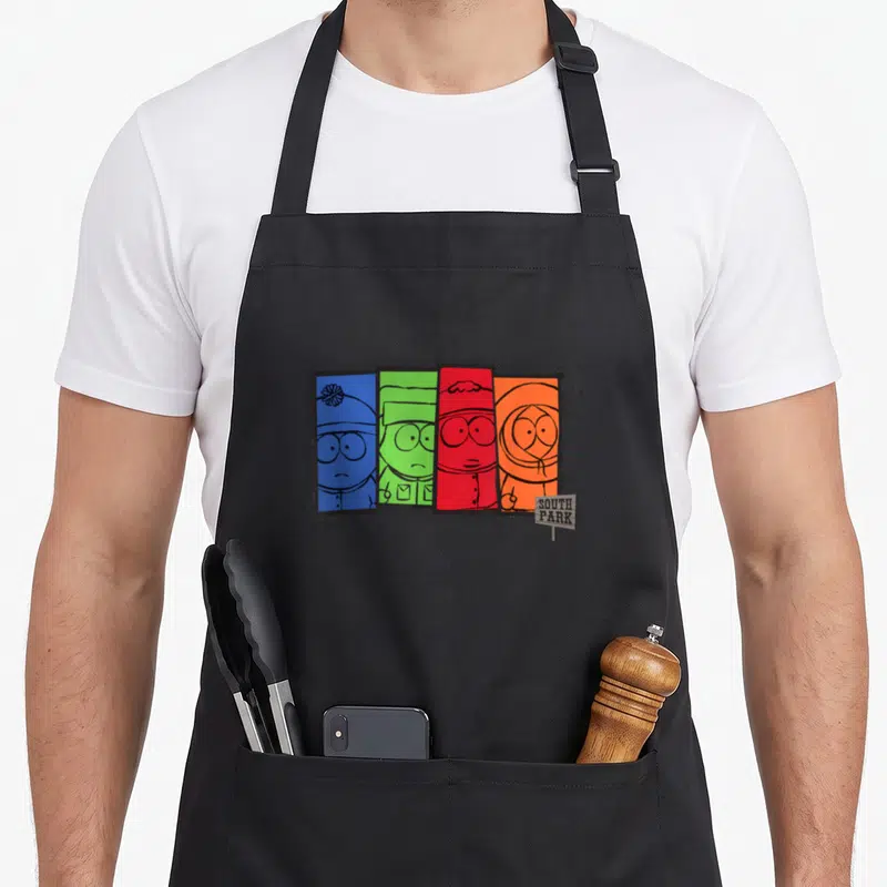 Tablier de cuisine noir avec Stan Kyle Eric Kenny en panels colorés style grunge South Park
