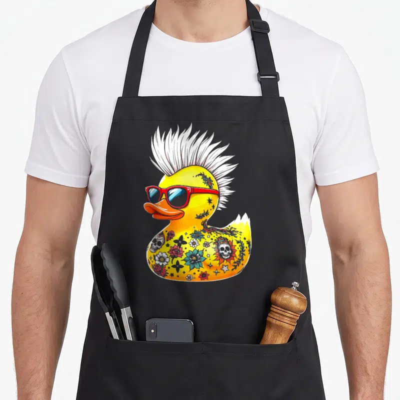 Tablier de cuisine noir avec illustration d'un canard jaune au mohawk blanc et tatouages de têtes de mort.