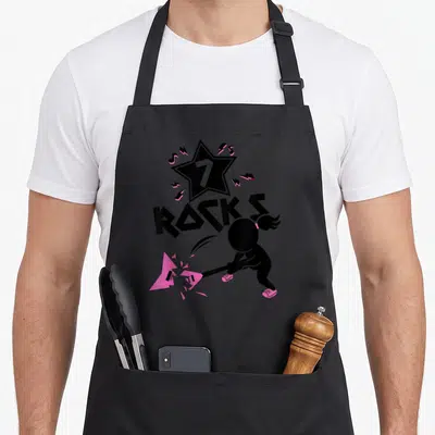 Tablier de cuisine noir avec silhouette brisant une guitare rose, étoile 7 et texte Rocks Punk.