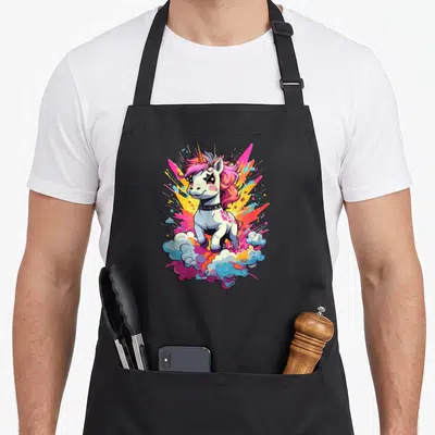 Tablier de cuisine noir avec illustration licorne punk aux couleurs vives et nuages stylisés.
