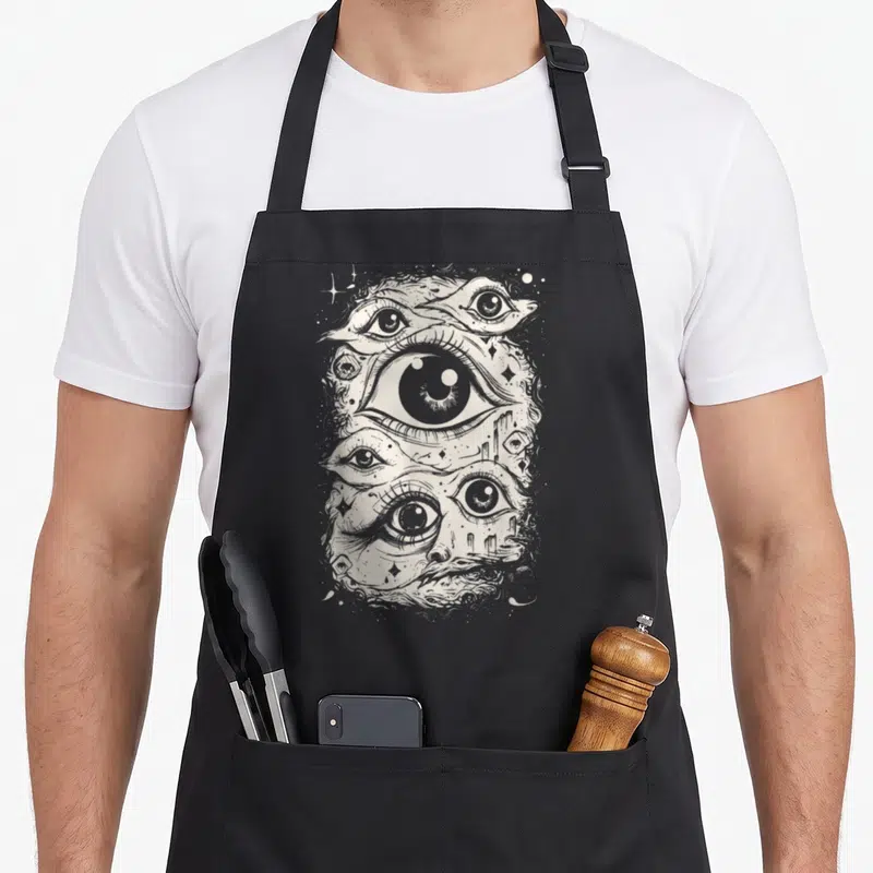 Tablier de cuisine noir avec illustration d'yeux stylisés et motifs oniriques en gris clair.