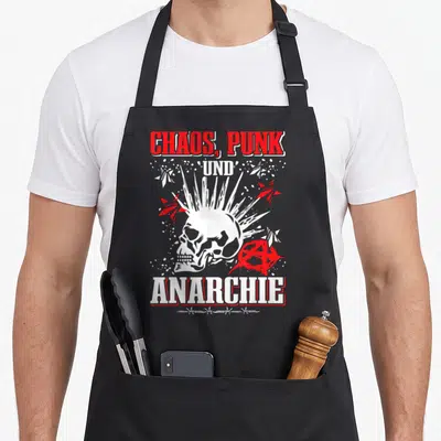 Tablier de cuisine noir avec un crâne aux raies punk, symboles d'anarchie et texte en rouge et blanc.