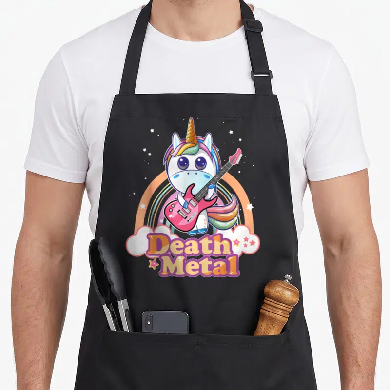 Tablier de cuisine noir avec une licorne jouant d'une guitare électrique rose et l'inscription Death Metal.