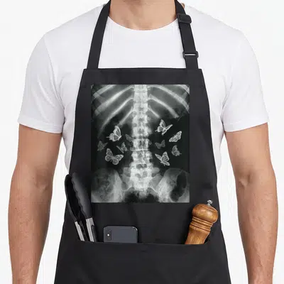 Tablier de cuisine noir avec radiographie squelette et papillons blancs en Xray sur fond sombre.