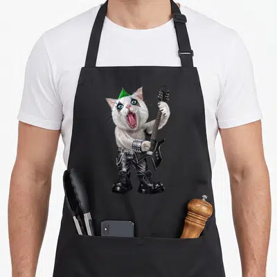 Tablier de cuisine noir avec illustration d'un chat punk rock aux cheveux verts jouant de la guitare.
