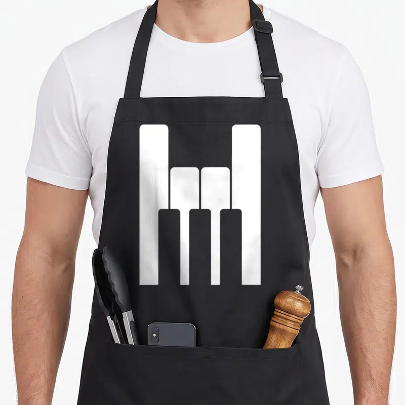 Tablier de cuisine noir avec une main cornuta blanche stylisée reposant sur des touches de piano gris et blanc.