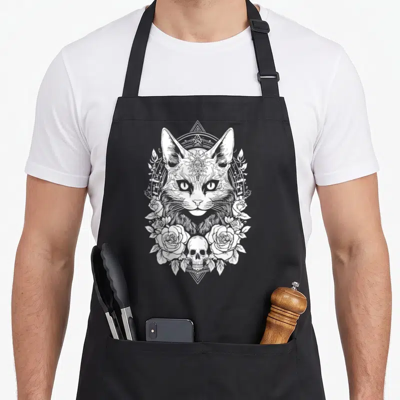 Tablier de cuisine noir avec illustration blanche d'un chat gothique encadré de roses et d'une tête de mort.