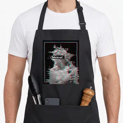 Tablier de cuisine noir avec une statue classique en glitch cyberpunk et texte blanc Cyberpunk encadré de cyan.